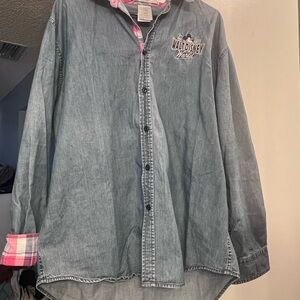 Walt Disney World Denim Shirt with Red Plaid Accents - Men’s L